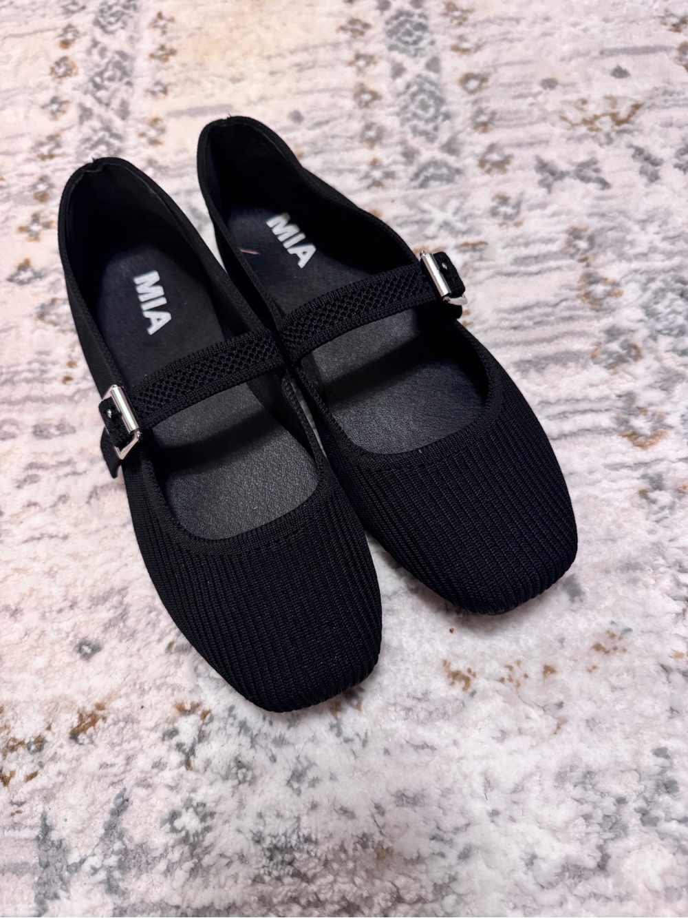 MIA Black Knit Mary Jane Flats with Silver Buckle